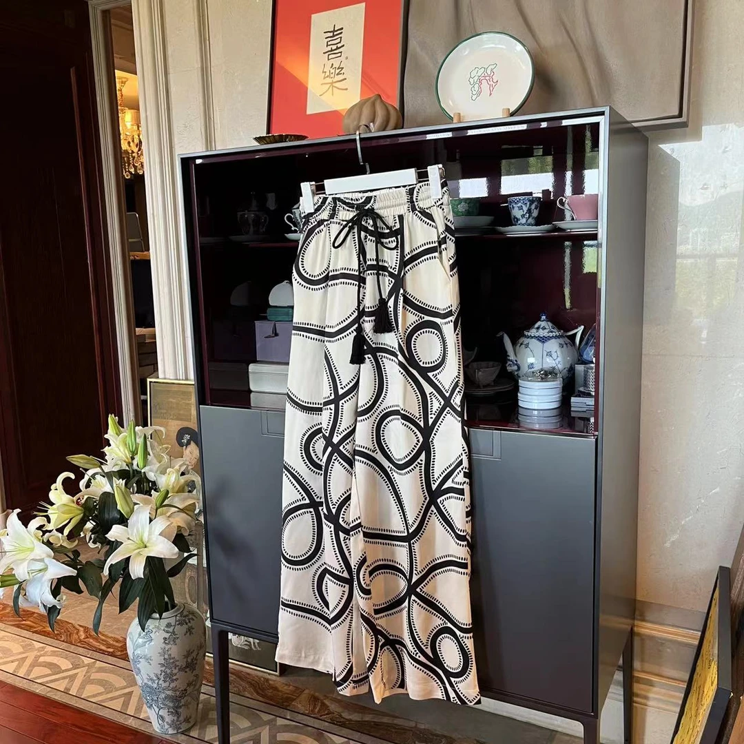 MYL 2024年夏季新款人丝亚麻混纺不规则印花裤松紧腰系带直筒裤