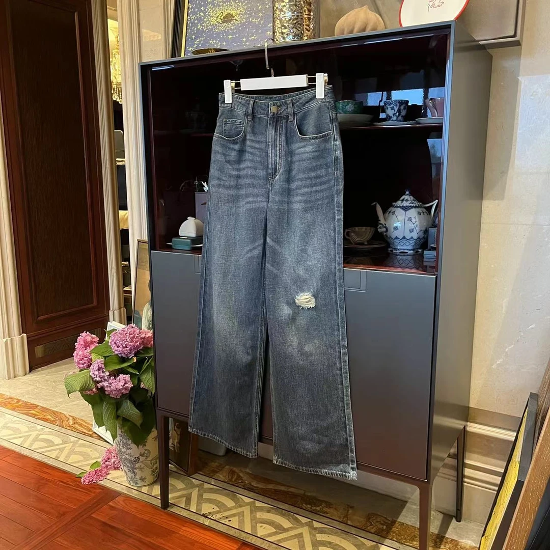 MYL 2024夏季新品棉麻深蓝色牛仔裤中腰直筒纯色阔腿破洞长裤