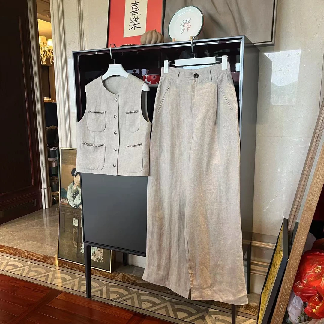 MYL 2024春夏新品卡其色亚麻套装圆领单排扣马甲中腰阔腿长裤