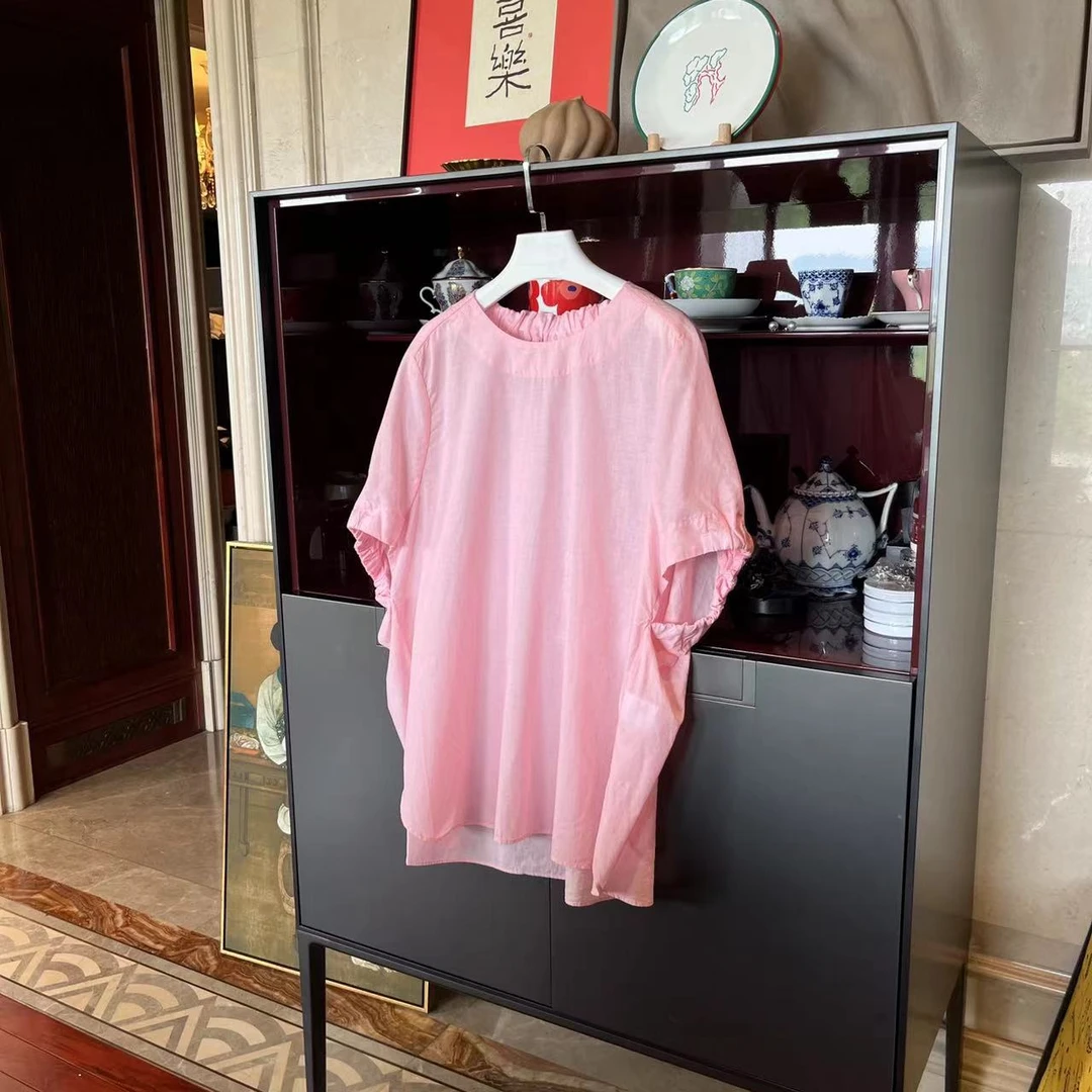 MYL·2024年春夏纯棉粉色短袖圆领前短后长衬衫休闲宽松上衣