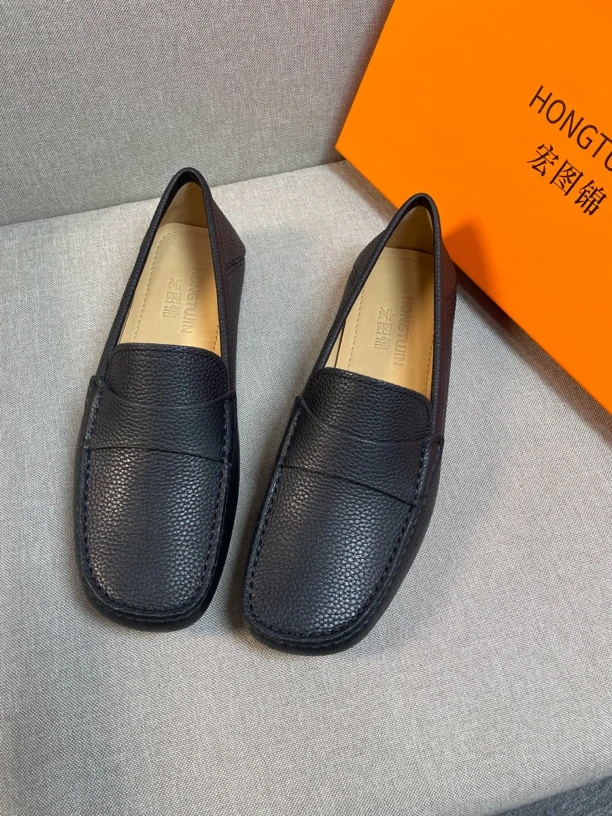 HONGTUJIN男士时尚舒适黑色百搭软底软面真皮豆豆鞋休闲乐福鞋