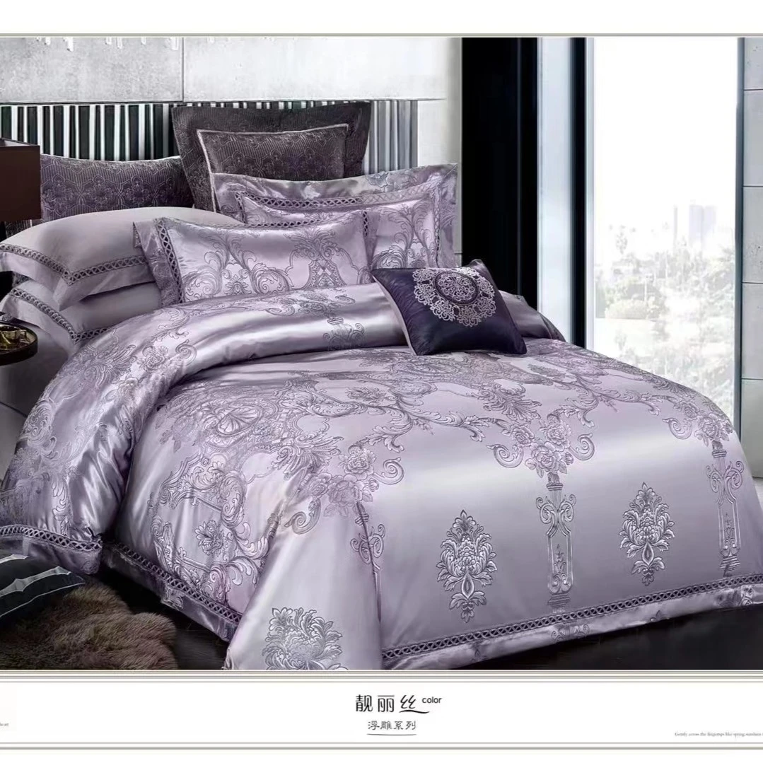 爱魅-丁香灰-全棉轻奢欧式简约贡缎提花四件套-【M108】