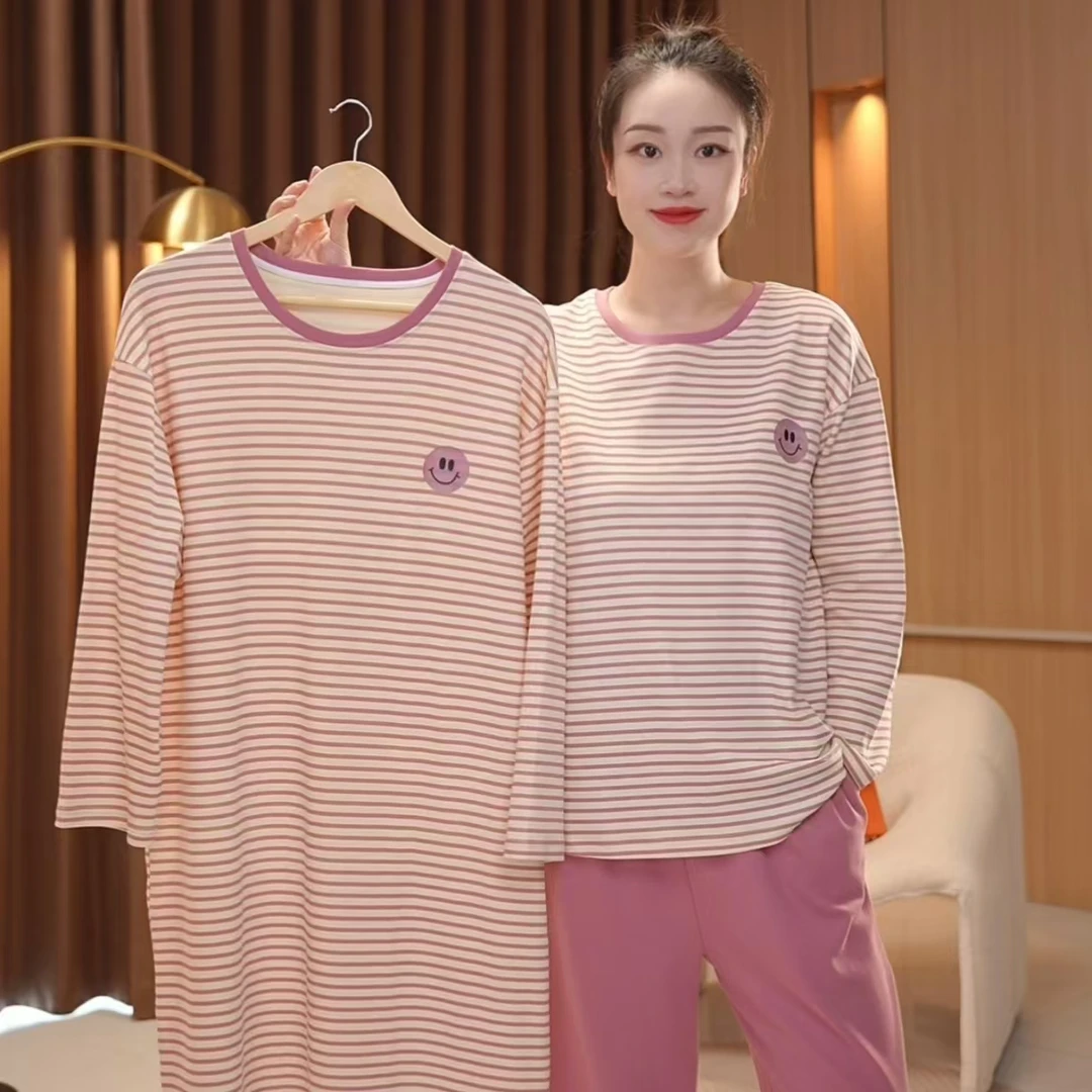 秋款纯棉【魅力条纹～拍一发三】长袖长裤新品舒适家居服外穿