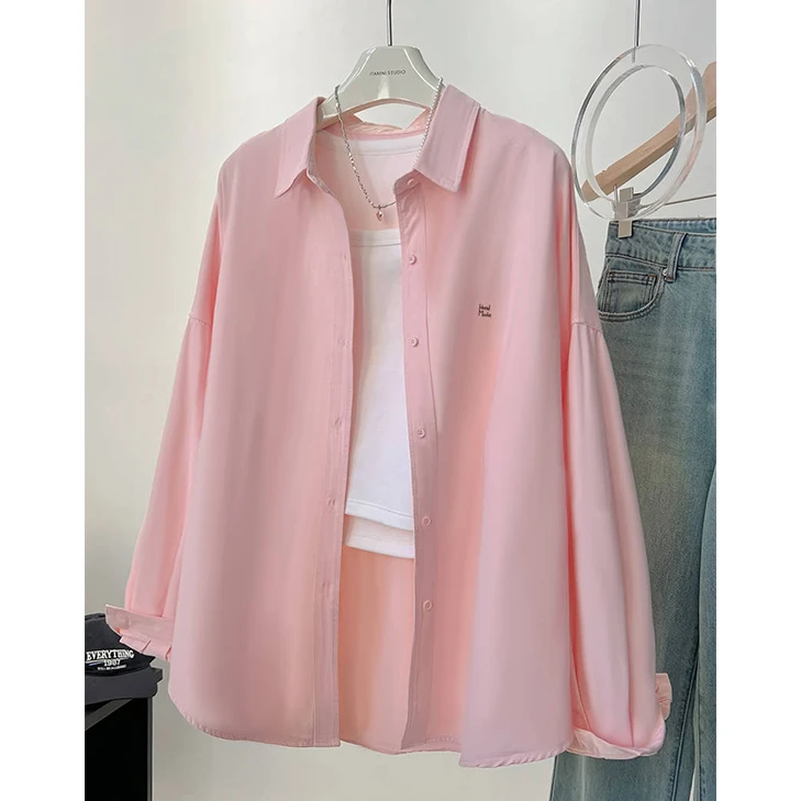 粉色衬衫女2024春装新款韩版宽松显瘦字母休闲风长袖衬衣外套上衣