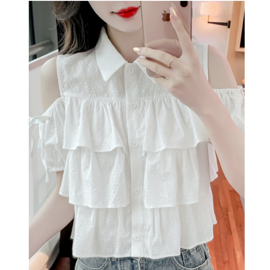 设计感露肩白色衬衫女上衣夏季新款减龄荷叶边宽松短款别致小衫