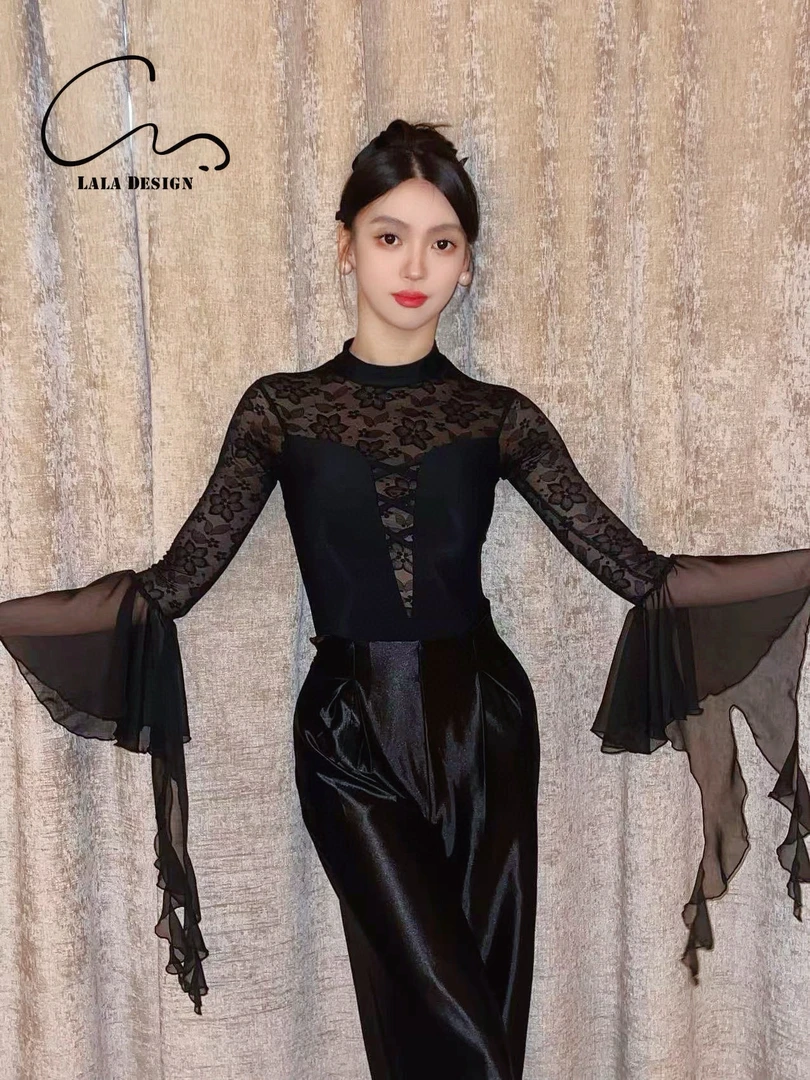 CM舞服《暗花黑精灵》高品质蕾丝花黑色百搭摩登女士练习服摩登舞服