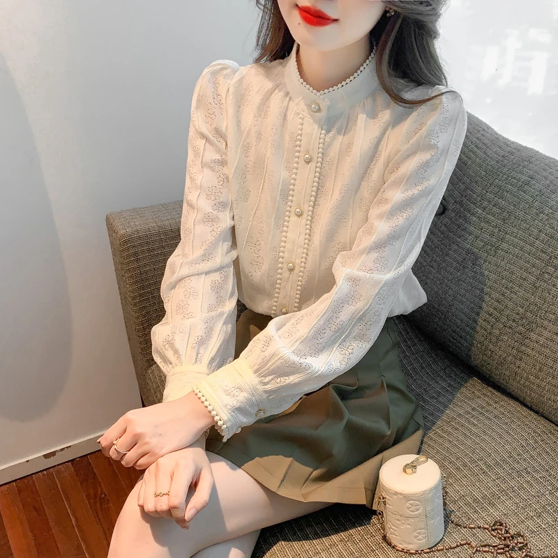 2023秋冬新款时尚蕾丝衬衫女法式复古立领气质显瘦百搭长袖上衣女