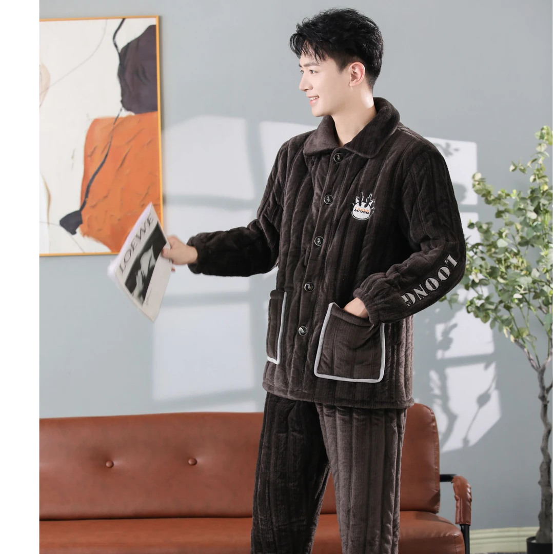 睡衣男士冬季加绒加厚三层夹棉貂绒家居服套装珊瑚绒保暖秋冬款