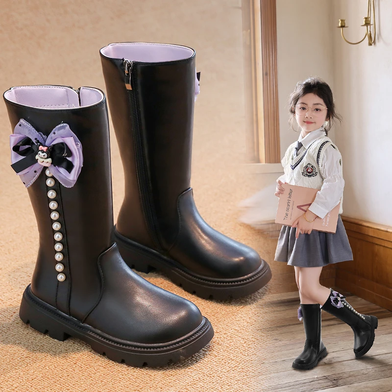 女童高筒靴子2024新款秋冬加绒软底公主鞋女孩长筒靴儿童女宝长靴