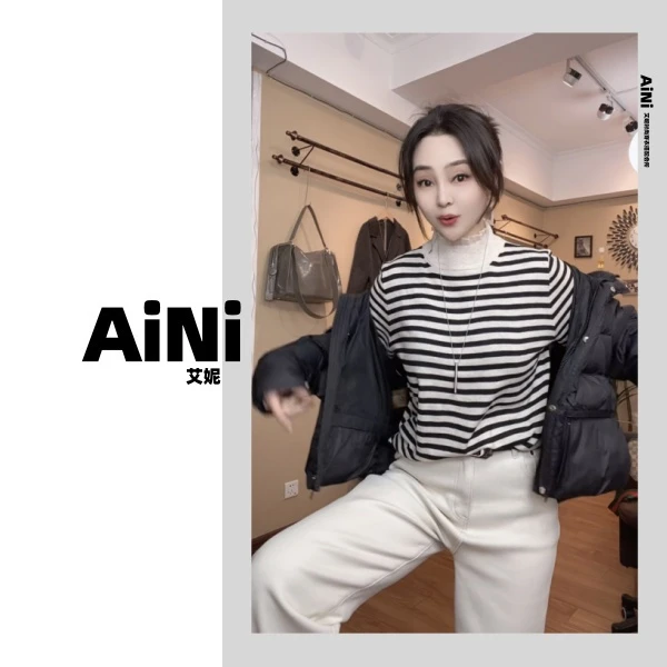 《妮推荐》艾妮新款花边领撞色条纹针织长袖上衣2088