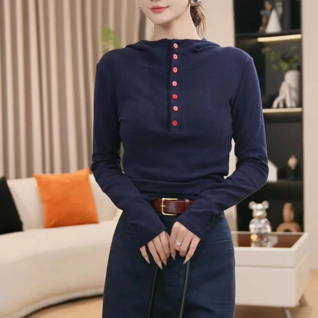 早秋2024新款半开扣连帽长袖修身显瘦休闲时尚百搭上衣 6656