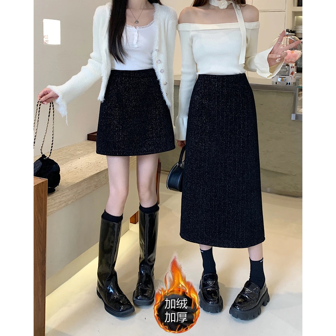 大码女装胖妹妹秋冬季时尚百搭宽松高腰显瘦加厚半身裙-YM6342