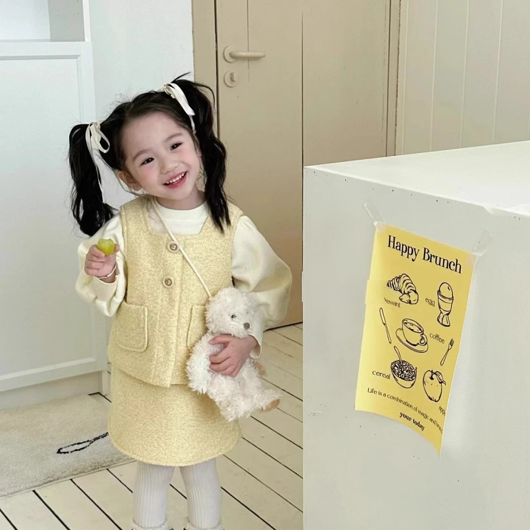韩系女童小香风套装裙秋冬2024新款洋气加绒女宝宝马甲短裙两件套