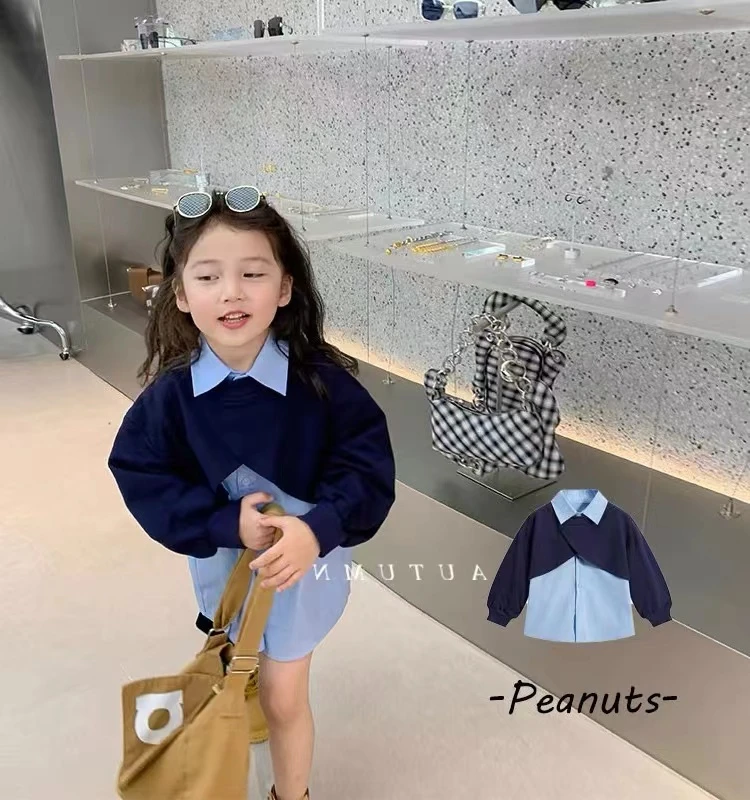 女童时髦假两件衬衫春秋装新款韩版儿童拼接翻领撞色卫衣81110