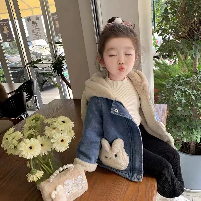 女童牛仔外套羊羔毛秋装2023新款冬季中小童儿童加绒加厚春秋冬款