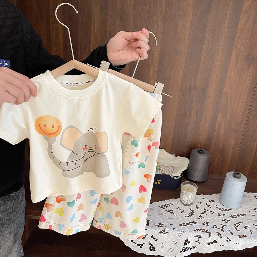 女童卡通运动套装2024夏季新款韩版卡通大象短袖爱心休闲裤L55156