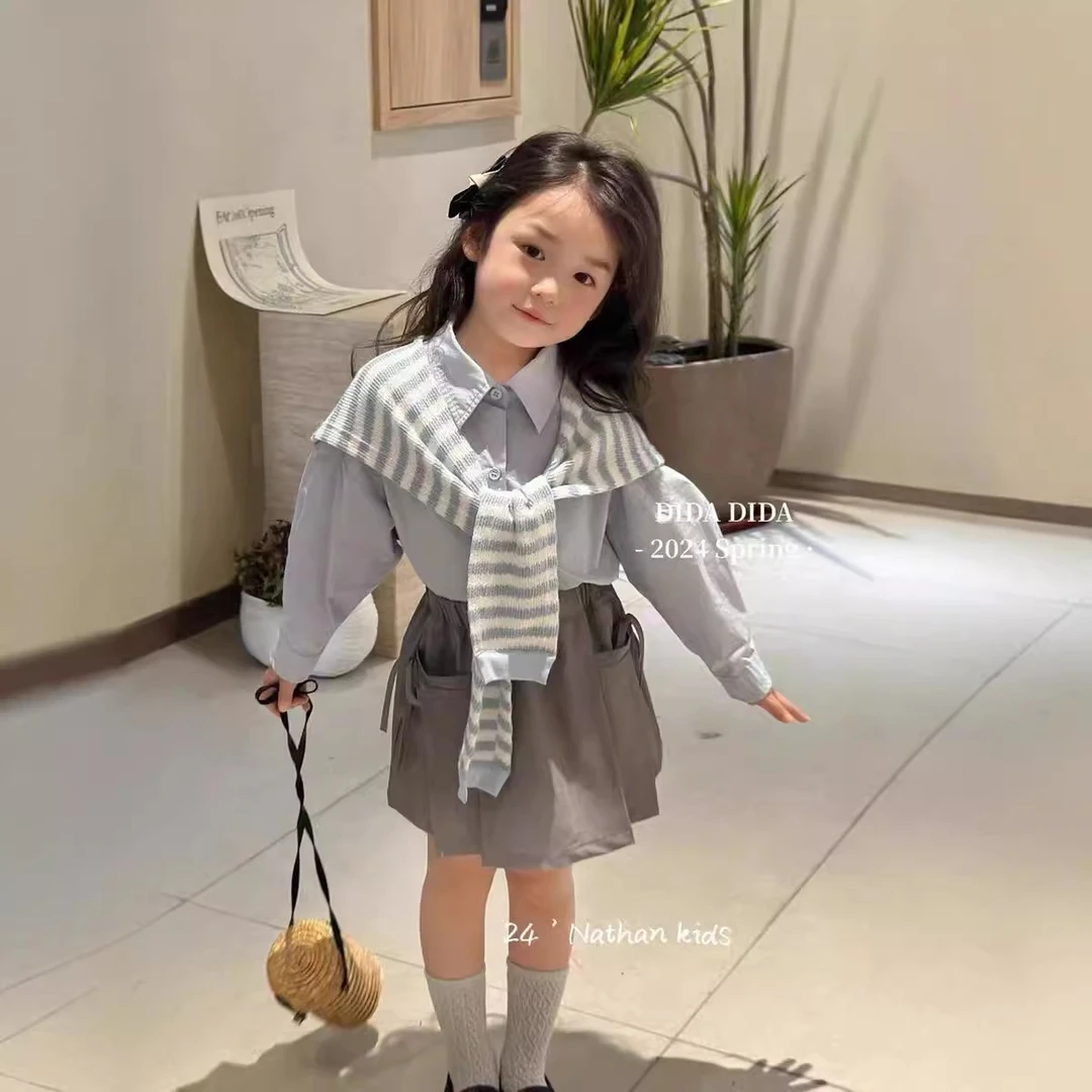 女童套装秋新款儿童套装小清新学院风衬衣半身裙可爱两件套L55066
