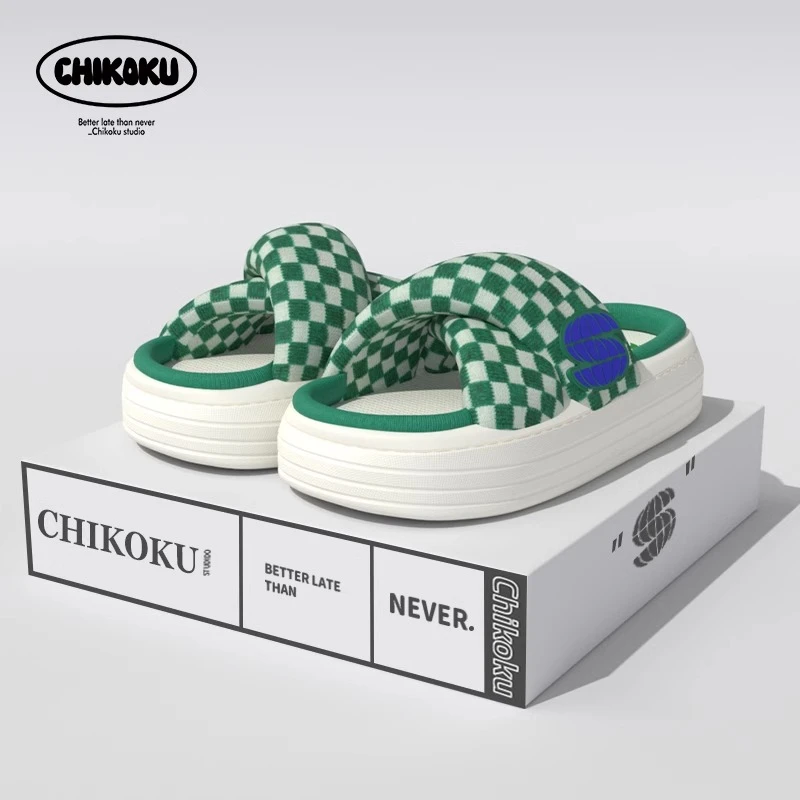 chikoku棋盘格交叉拖鞋女ins厚底居家用防滑吸汗四季麻拖情侣