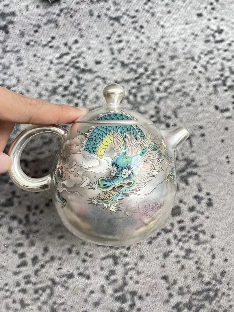 寇金山高端银上作画青龙龙蛋银壶4902