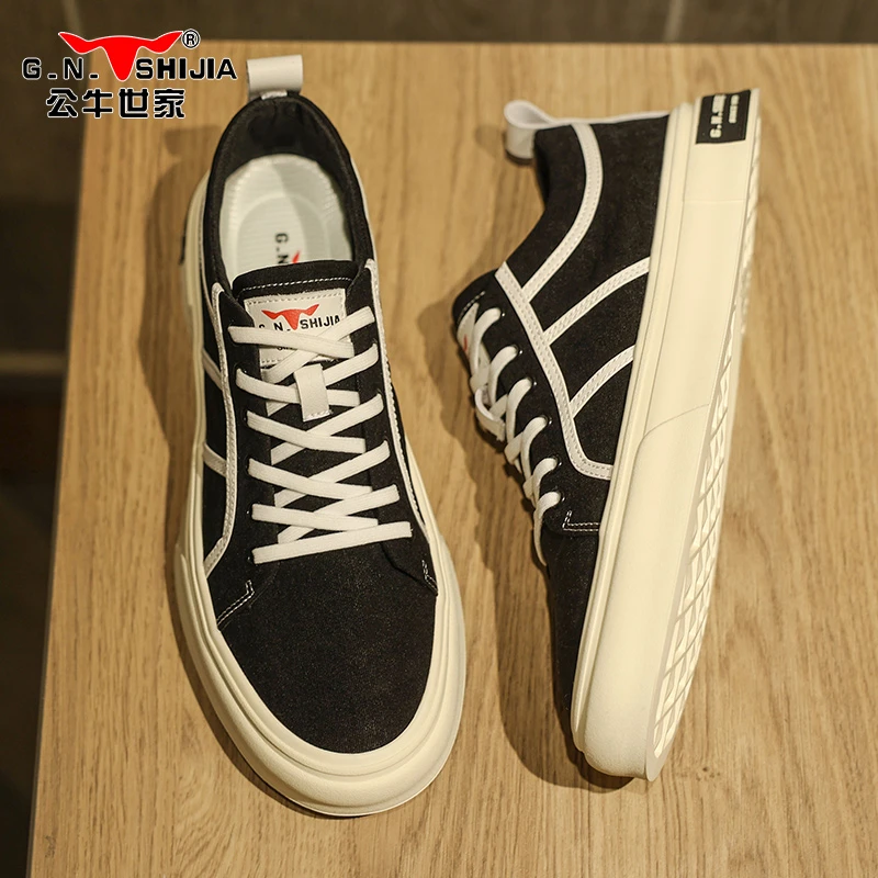 公牛世家时尚休闲士鞋子新款春季透气百搭板鞋款厚底帆布鞋