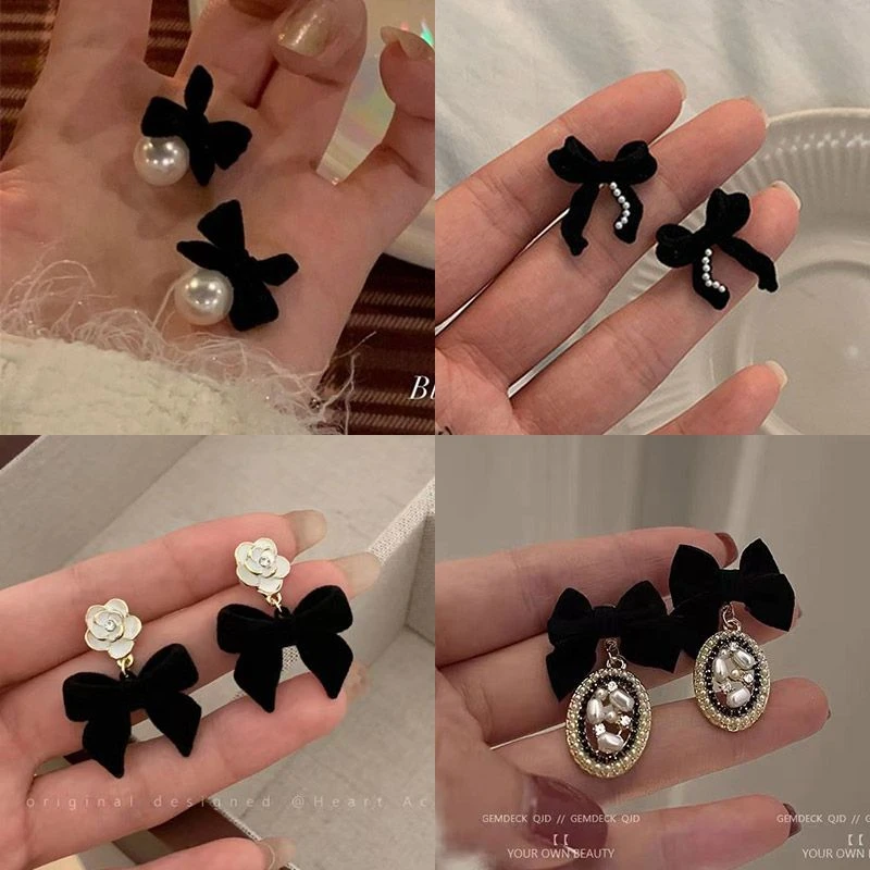 合金耳饰 2024年新款潮秋冬轻奢耳饰黑色丝绒蝴蝶结小众设计耳环