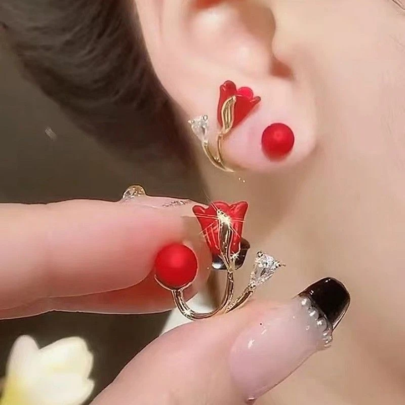 合金耳饰 时尚百搭轻奢一款两戴红玫瑰花朵耳钉网红气质红色耳环