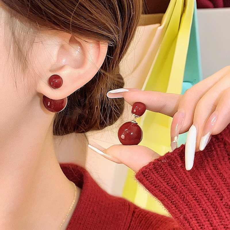 合金耳饰 红色氛围耳饰喜庆耳钉一款两戴高级感适合方圆脸的耳饰