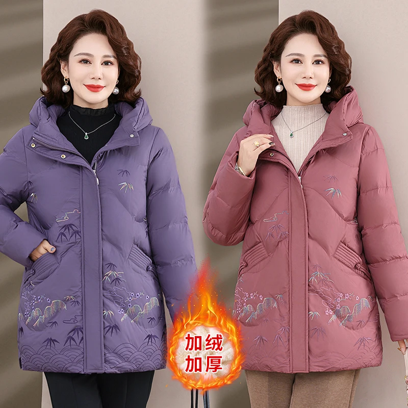 国风中老年女妈妈冬装加绒加厚中长款棉服洋气外套保暖时尚棉衣
