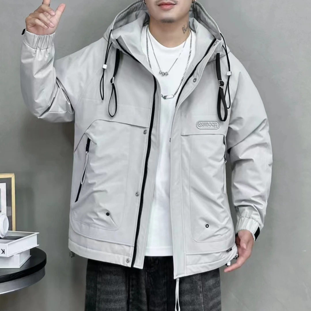 二棉冲锋衣连帽夹克外套纯色刺绣简约时尚潮流百搭款6008#