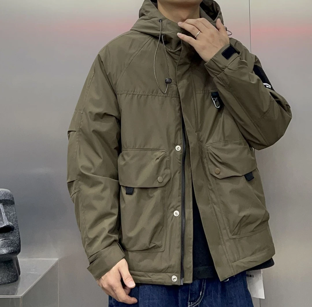 二棉防风男士新款连帽工装外套保暖百搭宽松休闲冲锋衣夹克 2312＃