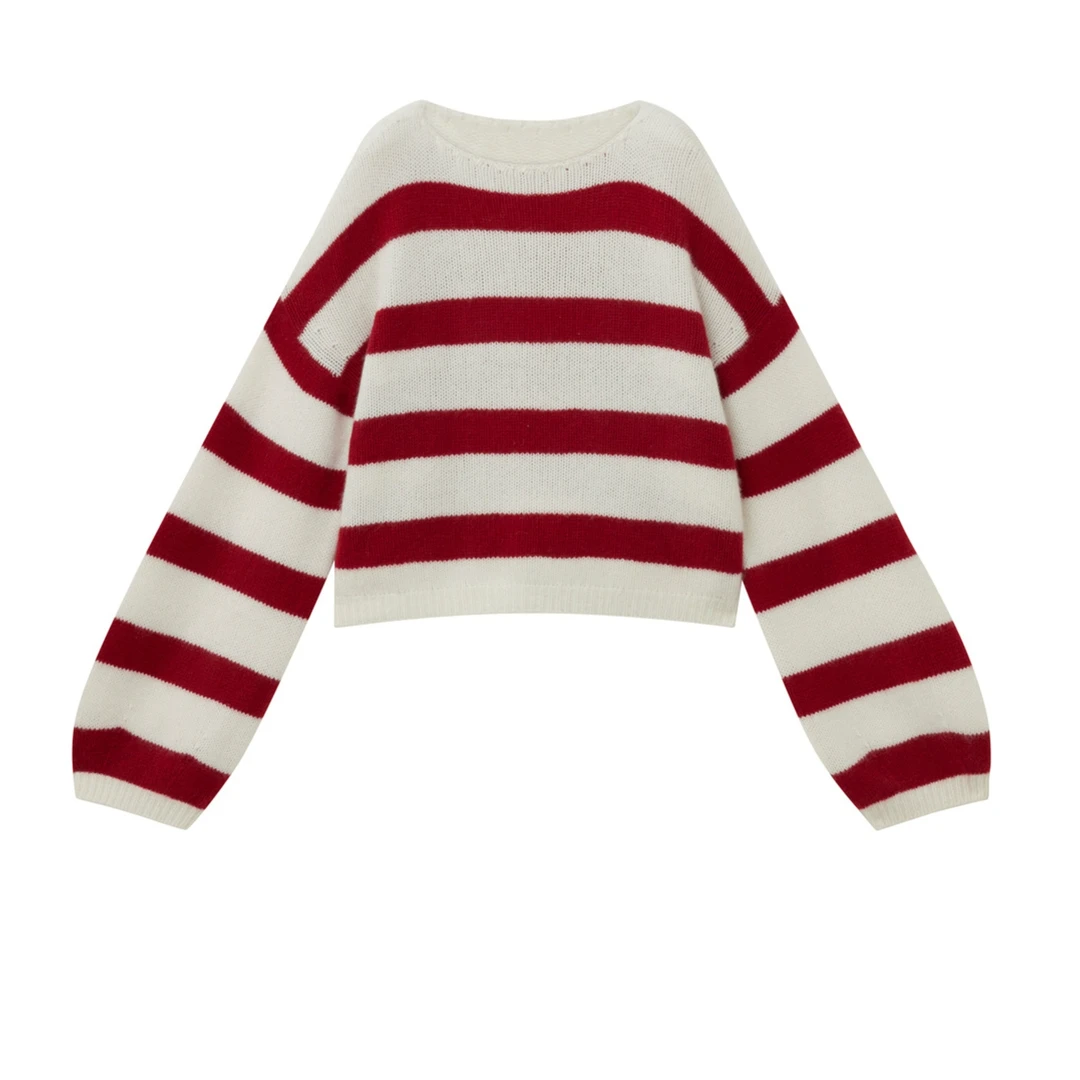 【红条纹】刘雯沈梦辰同款复古条纹毛针织衫冬季宽松慵懒风.Y7014