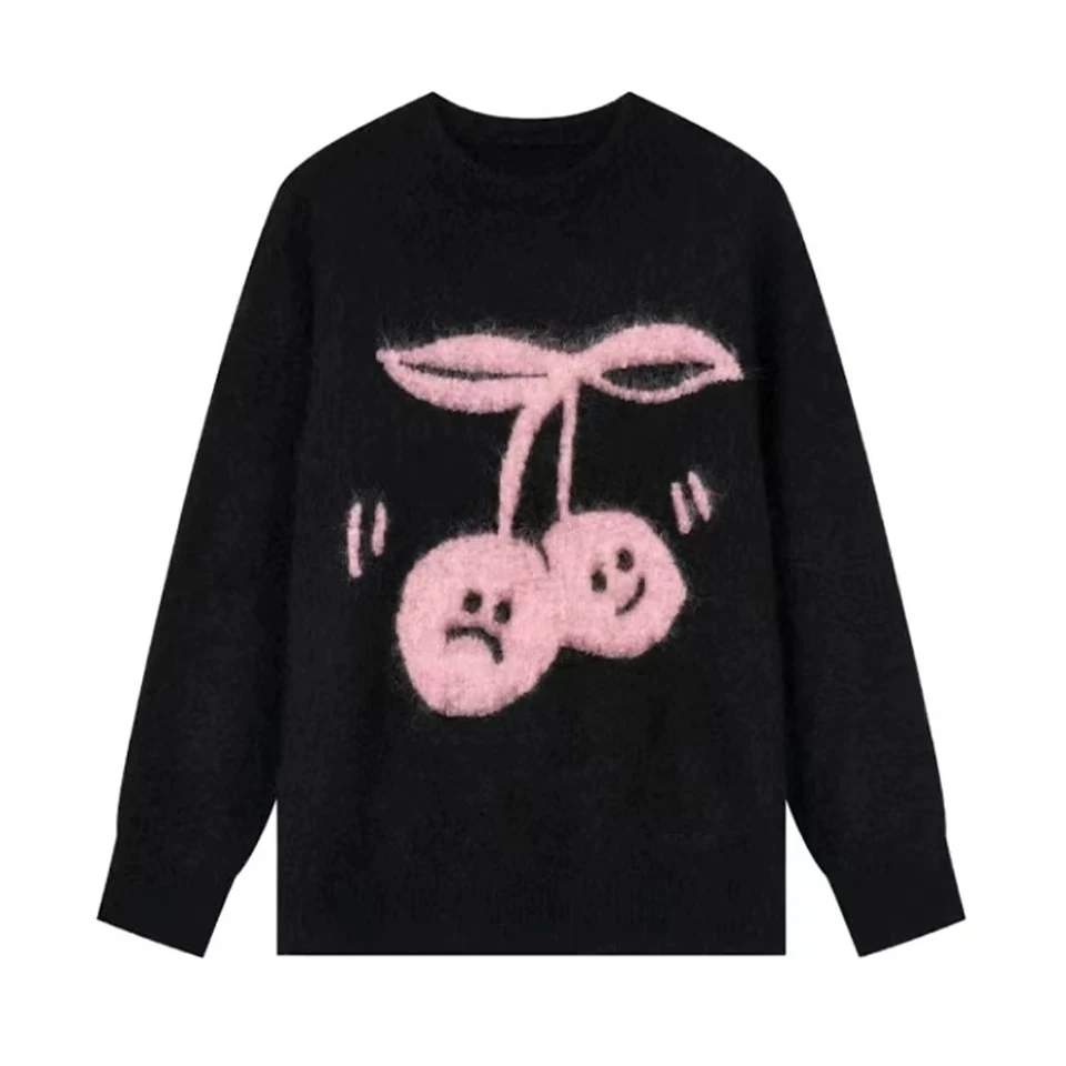 【表情樱桃】秋季新款设计感表情包黑色慵懒风长袖毛针织衫.Y7117