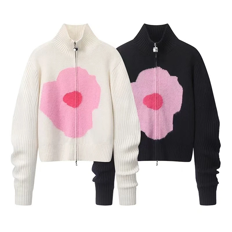 【笑开花】2025春季新款百搭花朵提花休闲宽松针织衫女.Y7417