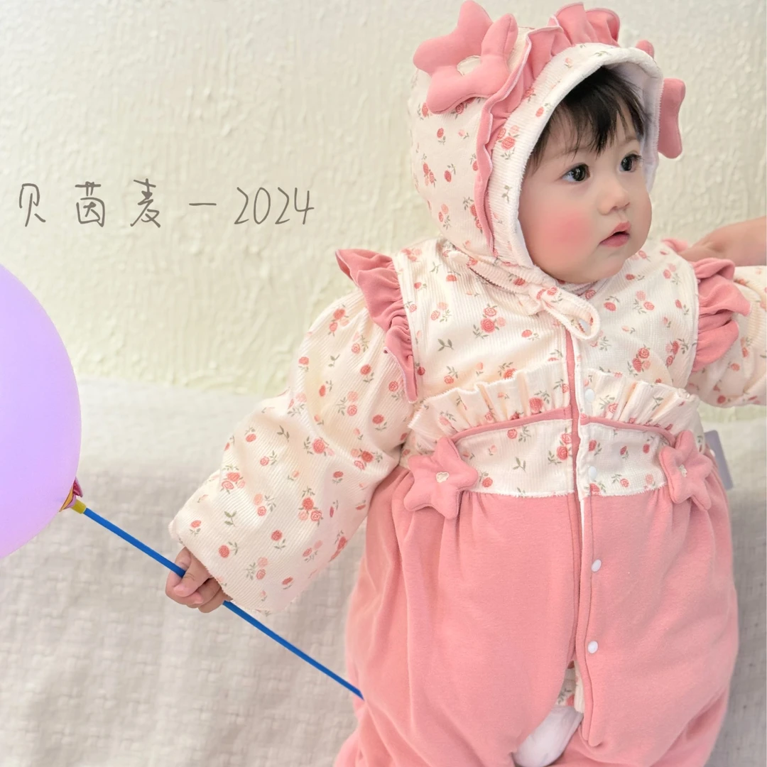 B.Y.WHEAT/贝茵麦秋冬女宝400g粉色洋气小花背带加厚分体套装夹棉