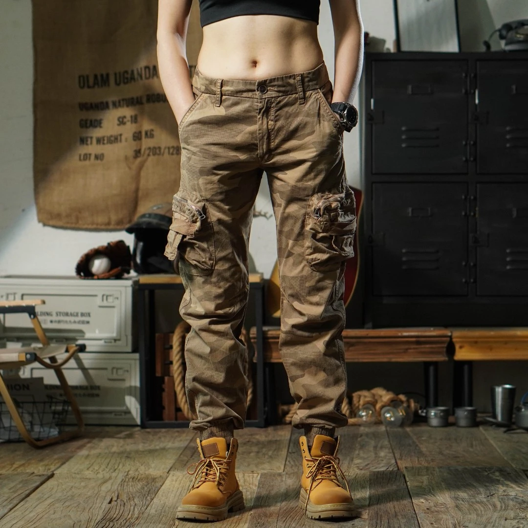 春夏男女工装裤新款宽松束脚迷彩复古风大口袋潮流百搭休闲裤
