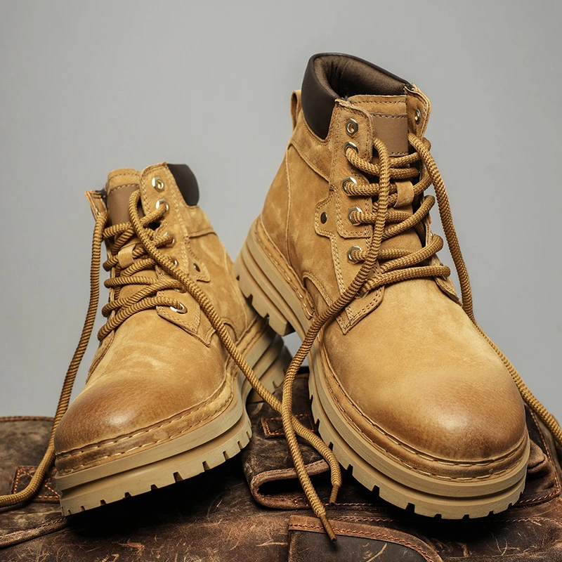 新款秋冬真皮男鞋厚底增高马丁靴男士大黄靴复古英伦风高帮工装靴
