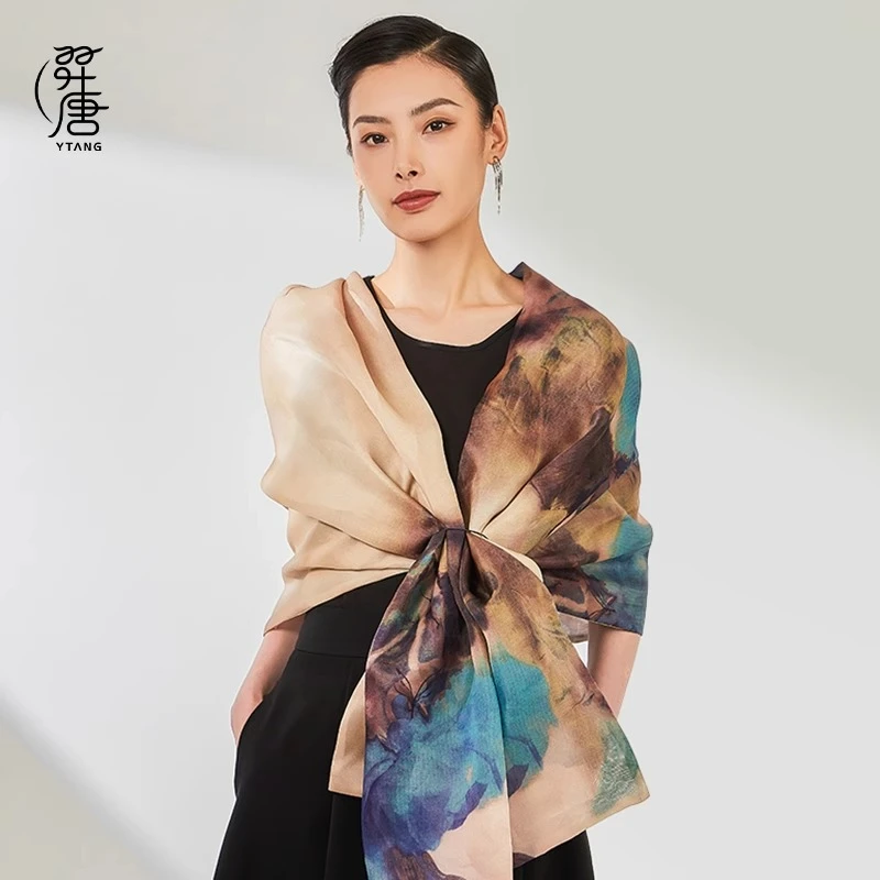 羿唐丝绸原创丝巾双层厚款欧根纱桑蚕丝披肩-诗中有画