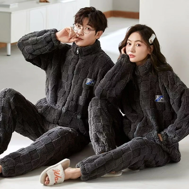 立领男士珊瑚绒睡衣加厚加绒保暖立领拉链款家居服套装冬款0325