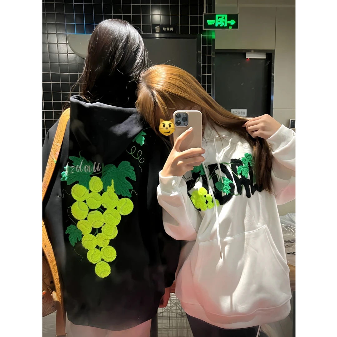 美式复古葡萄网球毛巾绣连帽卫衣男春秋刺绣设计感宽松情侣外套潮