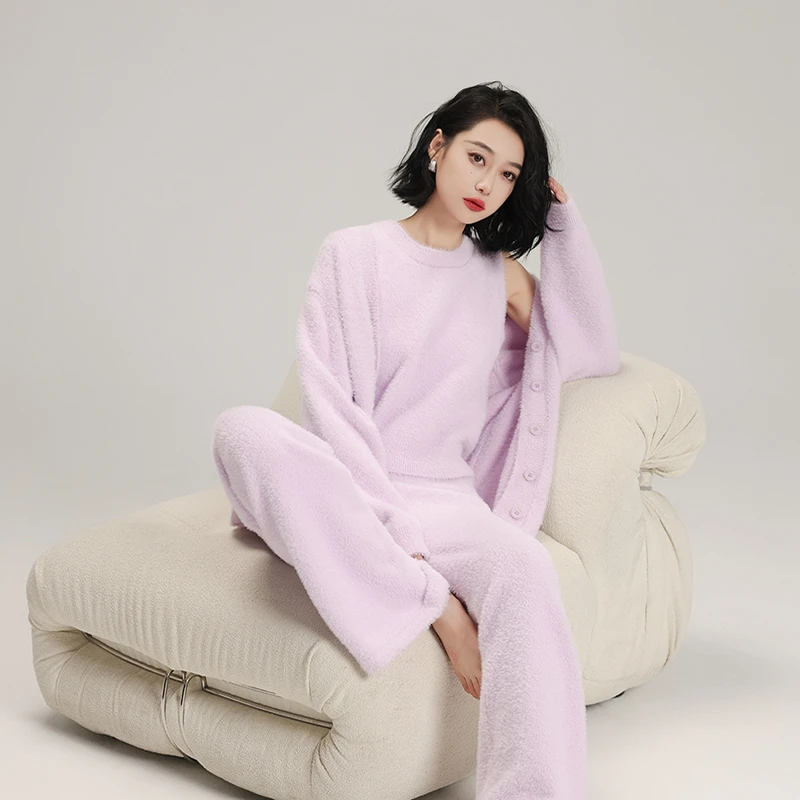 碧绒睡衣女秋冬季仿貂绒加绒加厚保暖高级感可外穿家居服三件套装