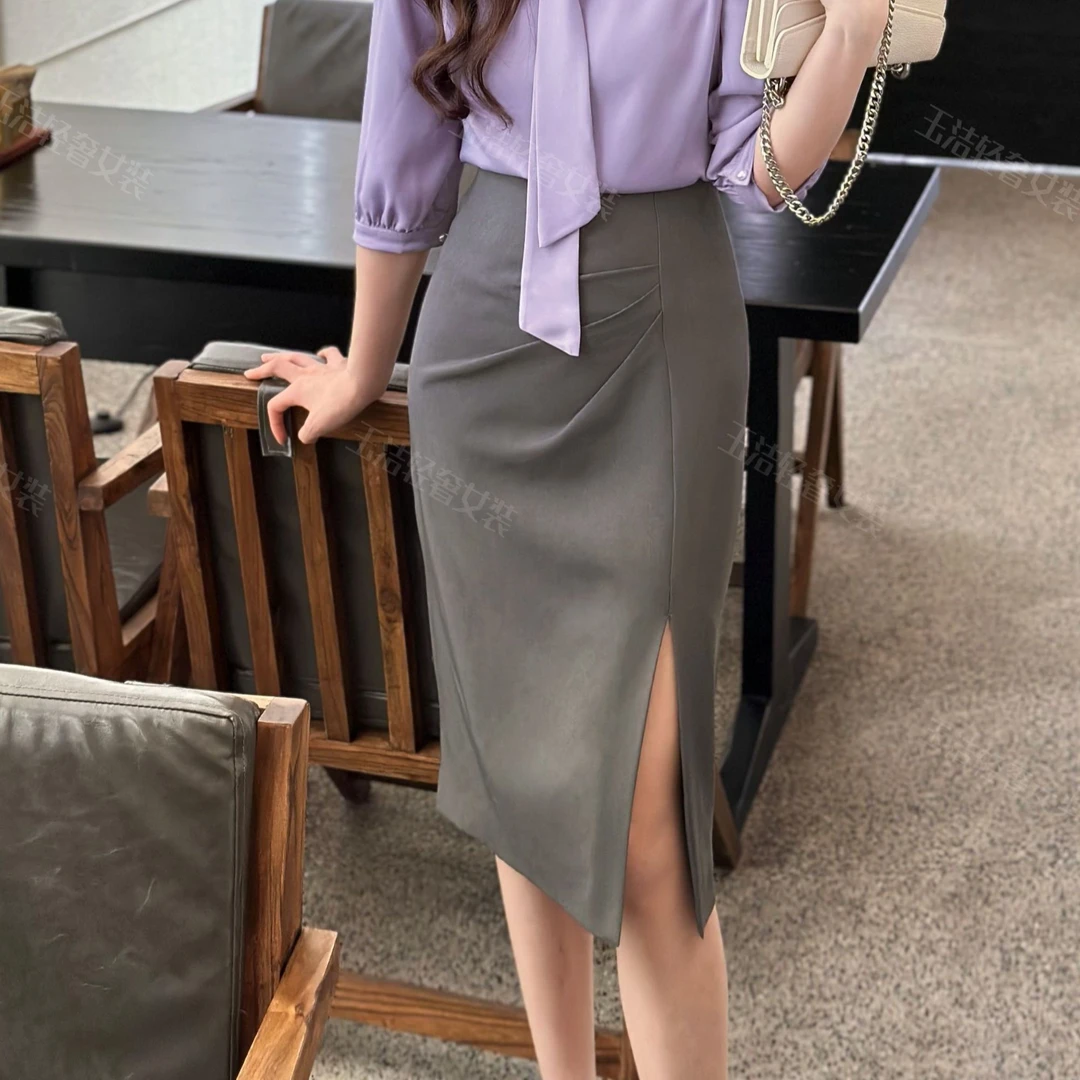 【玉洁】夏季新款时尚高腰压褶左前侧开叉包臀轻熟风显瘦半身裙1834