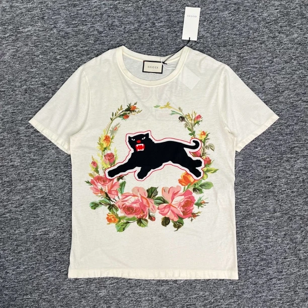 99新 GUCCI/古驰 黑豹花卉短袖T恤/XL码/99新/wk0177
