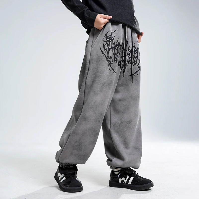 男童加绒卫裤潮版个性印花24秋冬新款中大童洋气百搭休闲运动长裤