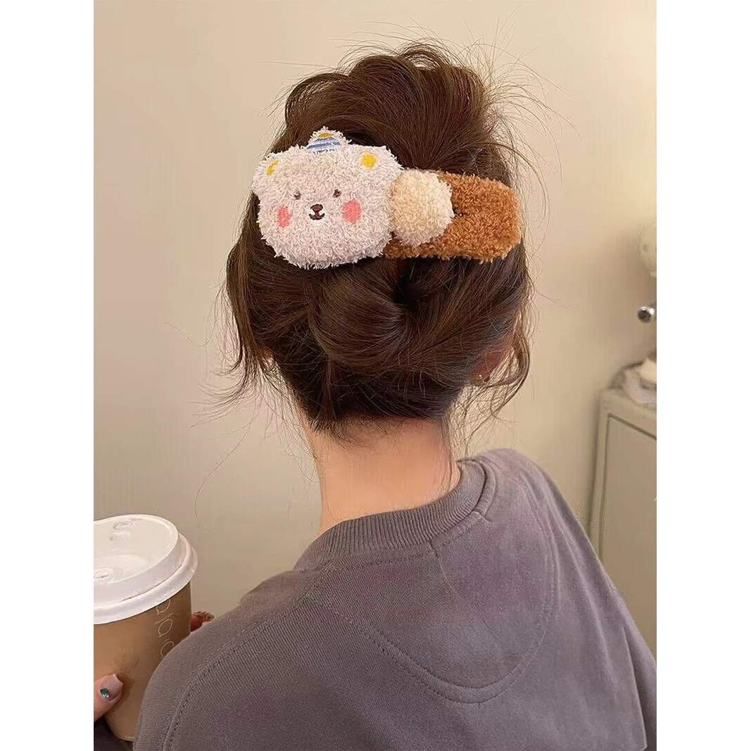 毛绒布丁熊~可爱鸭嘴夹大号发夹头饰2023新款后脑勺少女毛绒抓夹.