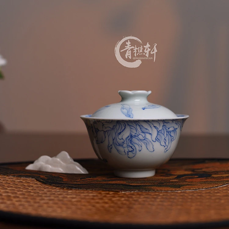 【青樵轩】白描落花有意盖碗元宝100ml 二才手绘青花茶器景德镇手工