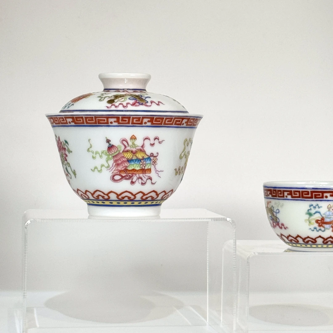 【居和堂】粉彩八宝盖碗 矾红描金如意八宝 复古茶器 景德镇