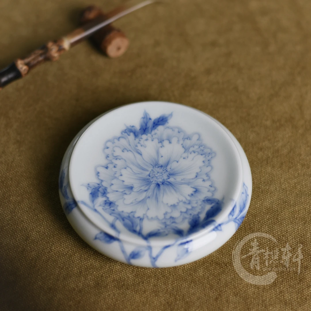 【青樵轩】青花牡丹盖置 青花手绘手工茶器小清新盖置传统