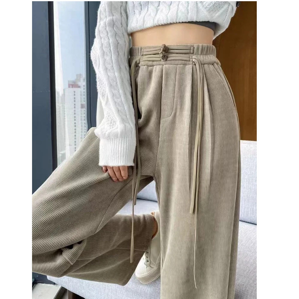 3638针织阔腿裤女秋冬高腰垂感窄版直筒拖地裤软糯德绒毛巾裤子