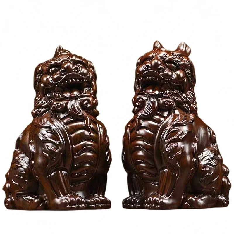 (新人礼)高15黑檀独角公双角母麒麟摆件一对木雕摆件