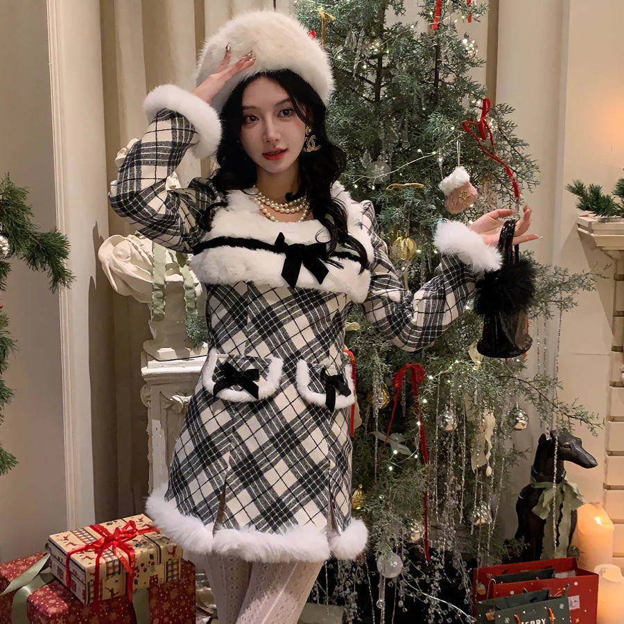 森女系原创 翩翩公主 小香风格子毛呢加厚冬季连衣裙